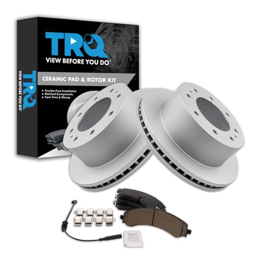 Image of TRQ Rear Brake Pad & Rotor Kit Ceramic Premium G-Coated Compatible with 2020-2022 Chevrolet Silverado 2500 HD Silverado 3500 HD GMC Sierra 2500 HD Sierra 3500 HD