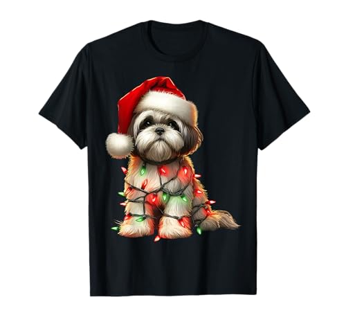 Shih Tzu Dog Christmas Lights Santa Hat Dog Lover T-Shirt
