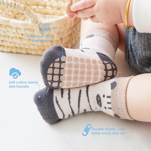 Simpeak 4 Pairs Baby Non Slip Grip Socks Unisex, Cotton Breathable Animal Children Floor Crawling Socks, Anti-Slip Toddler Crew Socks, Non Slip Ankle Socks - Image 6
