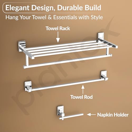 Image of Plantex Stainless Steel 304 Grade Towel Rack with Stainless Steel 304 Grade Darcy Bathroom Accessories Set 5pcs (Towel Rod /Napkin Ring /Tumbler Holder /Soap Dish /Robe Hook)