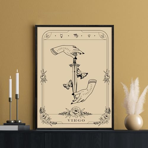SERIMINO Witchy Framed Wall Art, Virgo Tarot Canvas Prints Paintings, Horoscope Dark Academia Home Decor Aesthetic, 16x24inch Gothic Wall Decor for Room