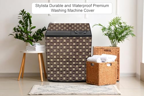Image of Stylista PVC Washing Machine Cover Compatible for GODREJ 7.5KG Semi-Automatic Top Loading WSEDGE 75 5.0 TB3 M STGR, Basketweave Pattern Brown