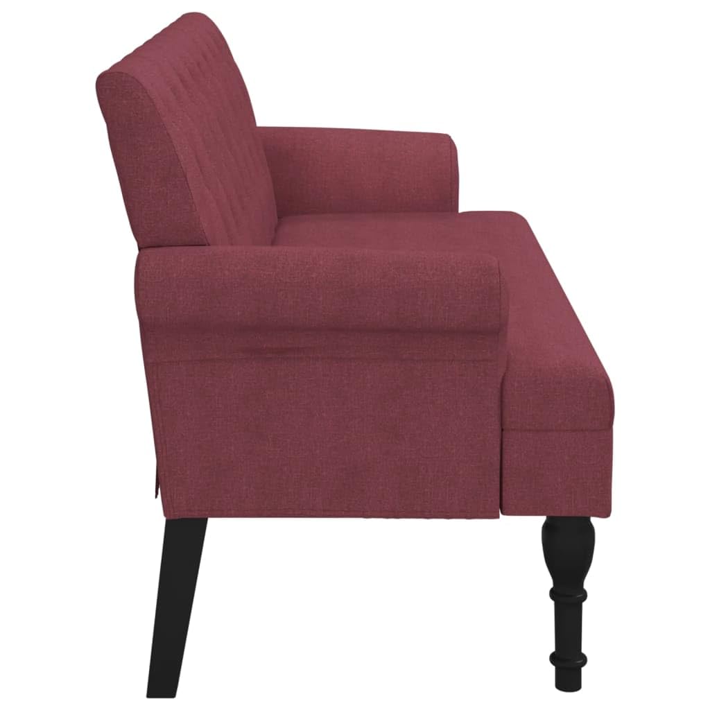Banco con respaldo, color rojo vino, 120 x 62 x 75 cm, tela, asiento acolchado grueso, costuras con botones, reposabrazos redondeados, patas de madera de caucho maciza, estable