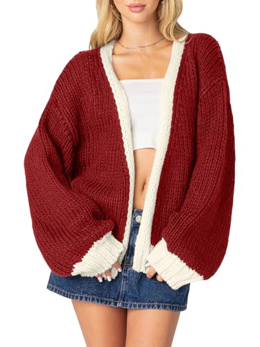 Image of Women's 2025 Fall Long Sleeve Cable Knit Sweater Color Block Open Front Cardigan Chunky Loose Outerwear Coats