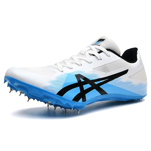 PENXZT Hombre y Mujer Zapatillas de Clavos, Calzado de Atletismo Ligero Resistente al Desgaste para Running,Salto Largo,Training,White Blue,43 EU