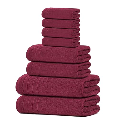 Tens Towels Pack of 8 Towels Set 2 Extra Large Bath 2 Hand 4 Washcloths 100% Cotton Lighter Weight Quicker to Dry Super Absorbent Perfect for Bathroom Burgundy