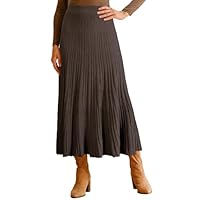 Arach&Cloz Womens Wool Blend Fall Winter Elastic Waist Pleated A-Line Knit Maxi Midi Dress Long Skirts Flowy Casual Ruffle Western Travel Country Concert Outfits Brown M
