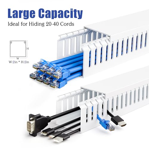 Image of 2 inch H x 2 inch W Cable Raceway, 66in Under Desk Wire Management Channel, White | Slotted Wire Duct, 4Pack, 16.5in Each, Heavy-Duty PVC Cable Management for Server Racks, Network Cables & Electrical Cabinets