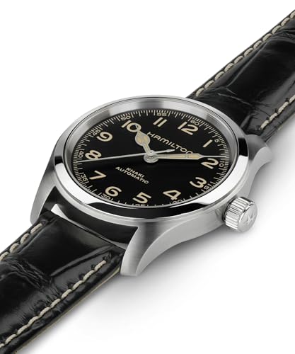 Image of Hamilton Khaki Field Murph Automatic Men's Watch, 38mm Stainless Steel Case, Swiss Made, Black Dial Analog Wrist Watch for Men, 100m Waterproof, Sapphire Crystal, 3-Hand Movement, Cow Leather Strap