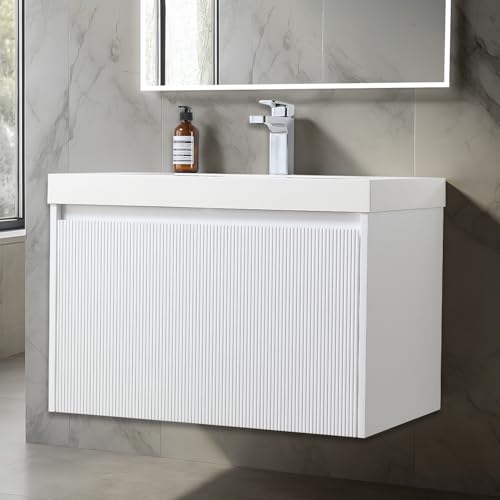 Blossom Luxury 30 Inch Floating Vanity with Sink - Solid Wood Moisture-Resistant Wall Mount Bathroom Cabinet - Minimalist Matte White - Soft Close Drawers - Non-Porous Stain-Shield Acrylic Sink