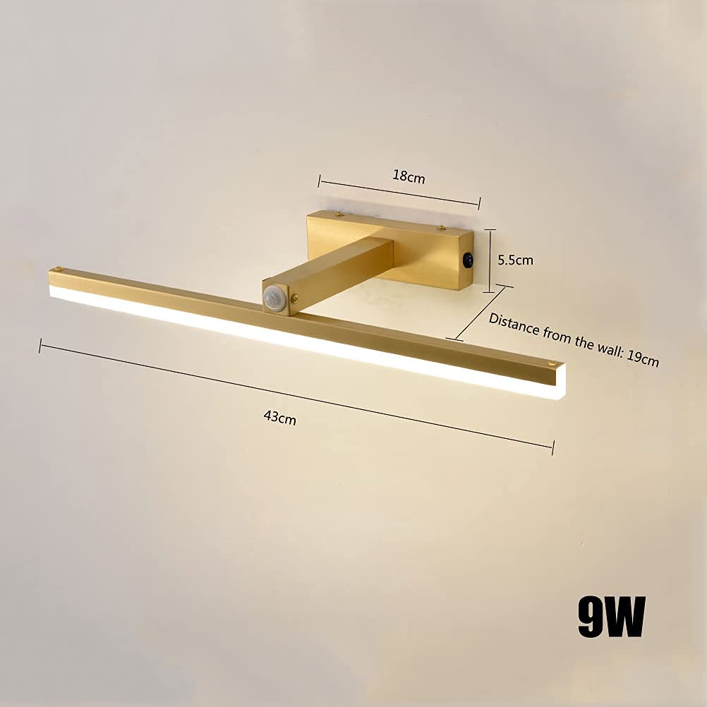 Lámpara de espejo de baño con interruptor y sensor de movimiento Luz de armario LED Lámpara de pared de latón Lámpara de espejo de tocador Luz neutra 4000 K, 16 W/73 cm (9 W/43 cm) Decoración