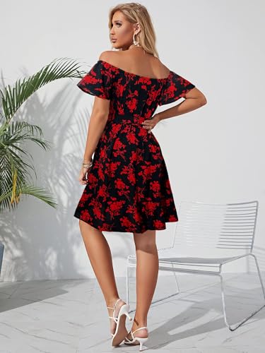 Image of Off Shoulder Ruffle Dress for Women, A-Line Mini Dress with Belt, Fitted Bust Summer Wedding Guest Dress