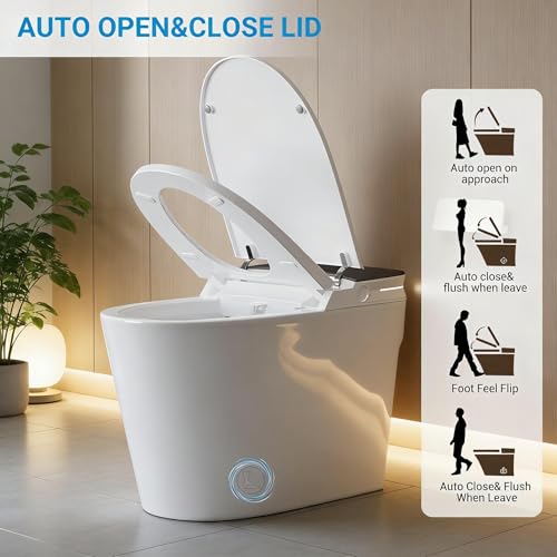 Inodoro inteligente ADA con tanque y bomba, apertura/cierre automático, asiento calefactable, lavado con agua tibia instantánea, secado con aire, sensor de pie y control remoto, luz LED blanca miniatura 7