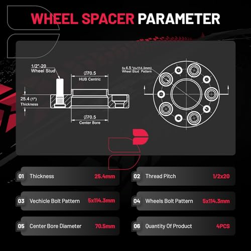 Image of BDFHYK 5x4.5 Wheel Spacers 1 inch(25m) Spacers 5x114.3 Thread Pitch 1 /2-20 Stud & 70.5 mm Center Bore, Compatible with Lincoln Town Car Mark, Mustang Edge Crown Victoria Ranger Explorer, Set of 4
