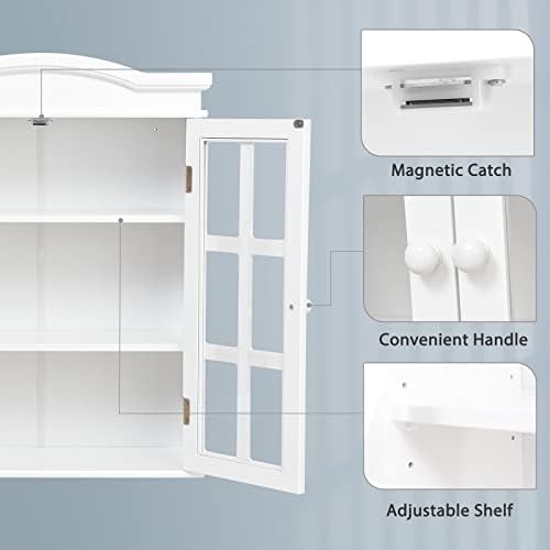 COSTWAY Bathroom Wall Cabinets, Double Door Wall Mounted Storage Cupboard with Adjustable Shelf, Home Kitchen Living Room Wooden Display Organiser Unit, White