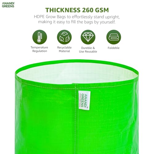 Image of Anandi Green's Premium HDPE Uv Protected 260 GSM Round Green Colour Plant Grow Bag Suitable for Terrace and Vegetable Gardening Size 9X12 INCH Pack of 5