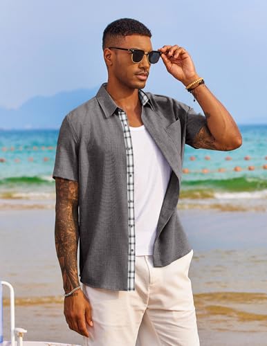 COOFANDY Herren Hemd Kurzarm Sommer Freizeithemd Regular Fit Casual Strand Hemd mit Karierte Hemdleiste – Bild 5