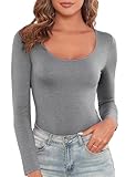 DSPSAM Womens Long Sleeve Bodysuits Fall Fashion Clothes 2025 Basic Round Neck Lightweight Double Lined Layering Undershirt Slim Body Suit Tops Light Grey Small