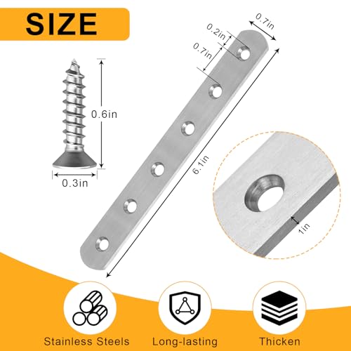 AUGHOA 4 PCS Straight Brackets, Stainless Steel Flat Straight Brace, 6 inch, Metal Brackets with 24 Screws for Furniture Repair Fixing