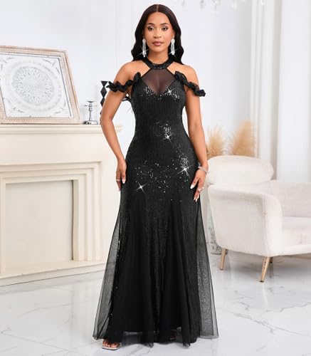 Image of Cololura Women Sexy Sequin Halter Neck Short Sleeve Mesh Perspective Party Bodycon Evening Cocktail Maxi Dress