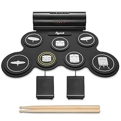 POGOLAB Batterie Electronique, 7 Roll up Drum Pad Batterie avec BT Connexion Prise Casque USB MIDI, Enceinte Intégré, Batterie Musique Cadeau avec Baguettes de Batterie/Pédales pour Débutants - Les Beatles, Paul McCartney, John Lennon, RIngo Starr, George Harrison