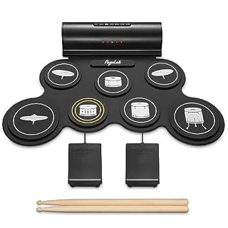 POGOLAB Batterie Electronique, 7 Roll up Drum Pad Batterie avec BT Connexion Prise Casque USB MIDI, Enceinte Intégré, Batterie Musique Cadeau avec Baguettes de Batterie/Pédales pour Débutants - Les Beatles, Paul McCartney, John Lennon, RIngo Starr, George Harrison