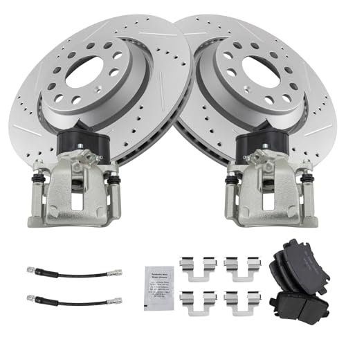 Image of TRQ Performance Rear Brake Pad and Rotor Set Ceramic Slotted Drilled Coated Rotors Calipers Compatible with 2010 2016 Volkswagen CC 2010 Passat