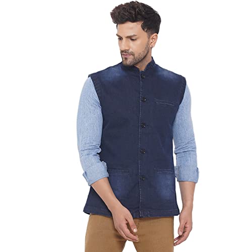Image of JOHN PRIDE Men Regular Size Solid Navy Blue Denim Nehru Jacket (JPRNJ14003 Navy Blue)