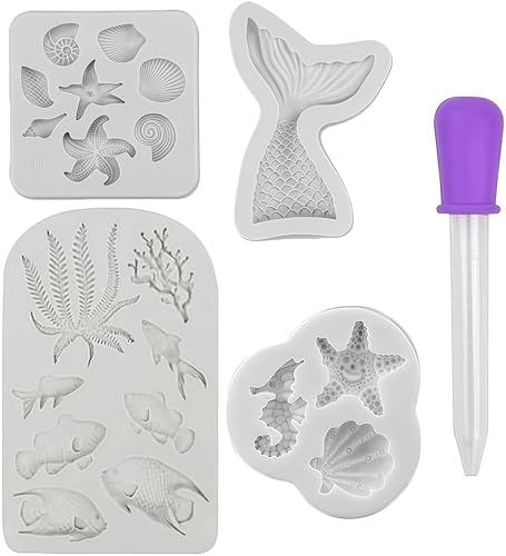 Molde de fondant para pastel con diseño de sirena, concha, concha, cola de sirena, algas, molde de pescado moldes de silicona DIY herramienta de hornear para cupcake topper fondant (4 piezas gris)