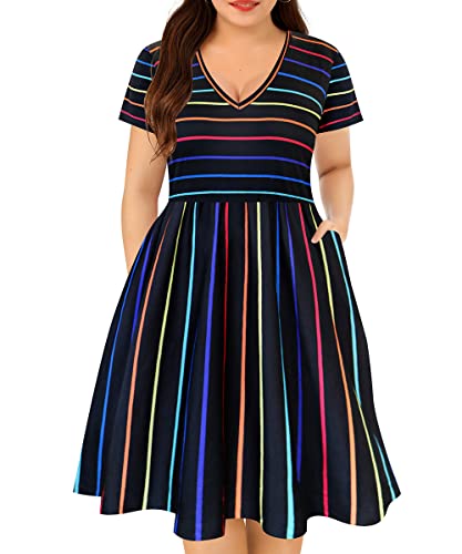 CARCOS Plus Size Dresses for Curvy Women V Neck Short Sleeve Dresses Floral/Striped Summer Boho Dresses with Pocket XL-5XL