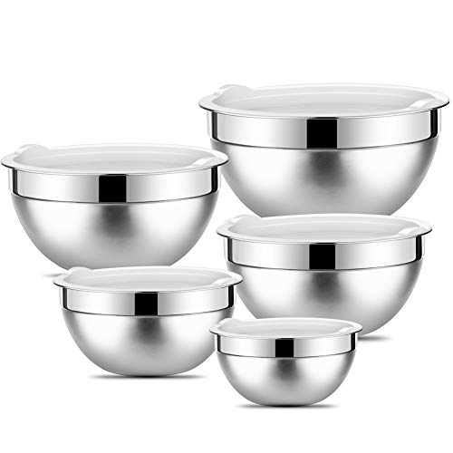 Stainless Steel Mixing Bowls with Lids by SONGNO Set of 5 Nesting Storage Bowls Polished Mirror Finish for Healthy Meal Mixing Cooking Supplies 15-26-34-42-71QT