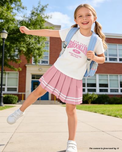 Image of Betusline Girls Skirt Set JK School Uniform 2-Piece Outfit - Short Sleeve & Webbing Solid Skirt,Letter Print,Pink,6-7Years= Tag 130