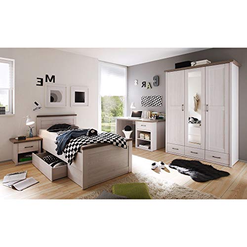 Lomadox Jugendzimmer Set 4-TLG., Landhaus Stil, Pinie weiß Nb./Trüffel Eiche Nb.