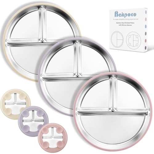 Image of Bakpoco Stainless Steel Suction Plates for Toddlers, 9" Divided Kids Baby Plates with Removable Silicone Suction, Non Toxic Non Slip Portion Control Snack Dishes 3 Packs, Pink Beige Lilac