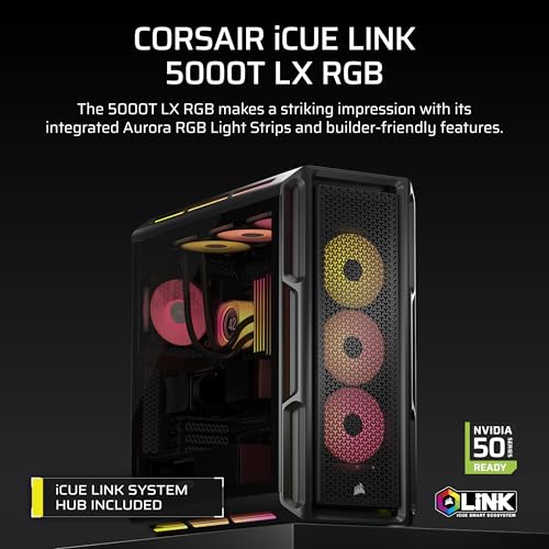 Gabinete para PC CORSAIR iCUE Link 5000T LX RGB Mid-Tower ATX – 3 ventiladores RGB LX120 preinstalados, tiras de luz RGB Aurora integradas, interior espacioso, incluye hub del sistema iCUE Link – Negro miniatura 2