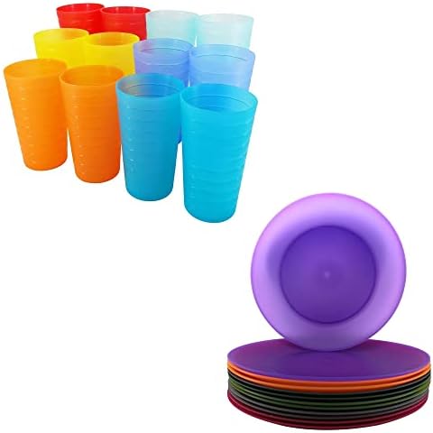 YUYUHUA 10-inch Plastic Plates and 22-ounce Large Tumbler Cups Reusable BPA Free Dishwasher Safe Microwave Colorful Set of 24 For Kids Indoor Outdoor Use Cover