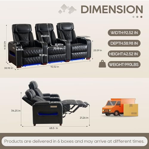 Image of Luxury Home Theater Seating - Power Recliner with Adjustable Headrests, Blue LED Ambient Lighting, Tray Table, USB & Type-C Charging (Black, 3 Seat)