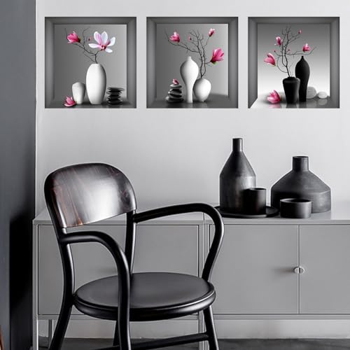 SRIZIAN 3Pcs Wall Stickers, 3D Wall Stickers Vase, Plants Wall Art Stickers for Bedroom, Kitchen, Hallway Stairs Wall Decor (11.81×11.81in)