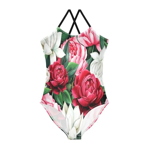 Girls Swimming Suits 3-10 Y Beach Bathing Suits Girls, White Red Pink Peonies