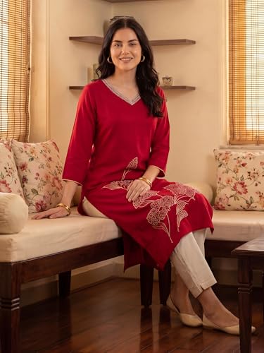 Image of INDO ERA Women Viscose Rayon Straight Fit Straight Floral Embroidered Kurtas