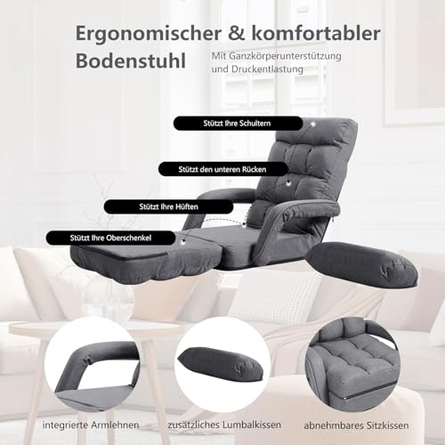 FANTASK verstellbare Sofa, Klappsofa Lazy, Verstellbare Rückenlehne 90° bis 180°, Liegebett mit Armlehnen und Kissen für Zuhause, Grau