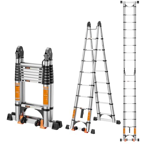 Telescoping Ladder A Frame Telescopic Ladder for Home Roof RV Aluminum Extension Ladder with Balance Bar Wheels and 2 Triangle Stabilizers330 lb Capacity (16.5FT-A Frame PRO)