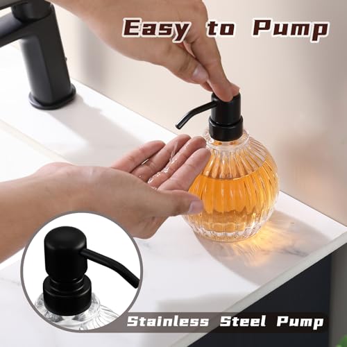Image of Round Soap Dispenser Bathroom with Black Pump, Glass Pump Bottle with Stainless Steel Pump Liquid Sphere Soap Dispenser Circular Countertop Kitchen