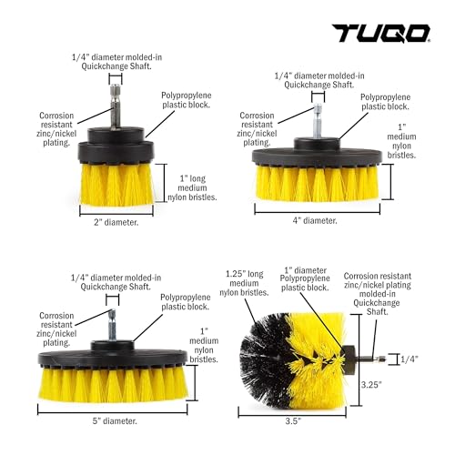 Image of TUQO SB20Y, DrillBrush Attachment Set - Power Scrubber Brush Cleaning Kit - for Bathroom Surfaces, Grout, Floor, Tile, Corners, Kitchen. etc. |Medium Bristles |Hex Shank Fits Most Drills |Yellow