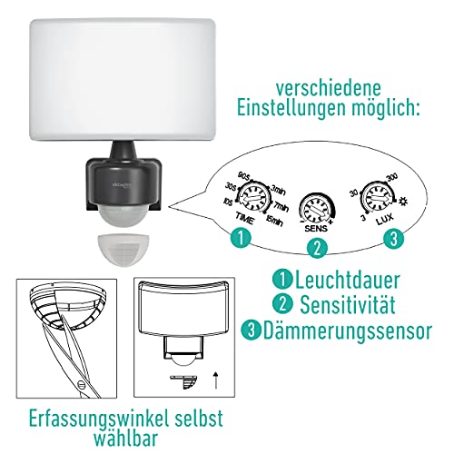 Oktaplex Lighting Cali Motion - Faretto LED per esterni con sensore di movimento, 30 W, IP65, 3000 K , proiettore da parete, luce bianca calda con funzione Master, colore antracite - Illuminazione - Immagine 3