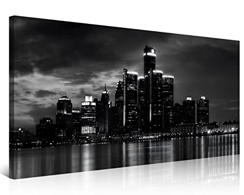 NAN Wind Detroit Skyline Canvas Wall Art Cityscape Night Scene Black & White City Art Print on Canvas Modern Giclee Framed Painting for Room Decor Home Decor Detroit Skyline Picture Prints