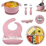 Anluomafuy Cofanetto Pasto Bebè 5 Pezzi, Stoviglie in Silicone Antiscivolo con Ventosa: Piatto a 3 Scomparti, Ciotola, Bavaglino, Cucchiaio e Forchetta – Senza BPA per Neonati e Bambini (rosa)
