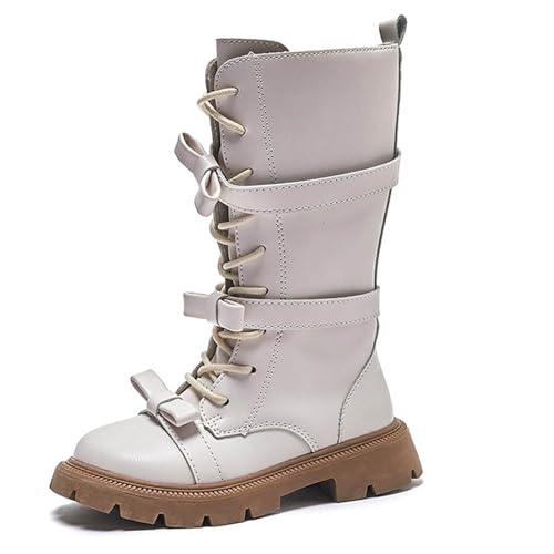 Girls High Top Faux Leather Boots Bowknot Side Zipper Lace-up Long Boots Fashion Chunky Heel Knee High Combat Shoes3
