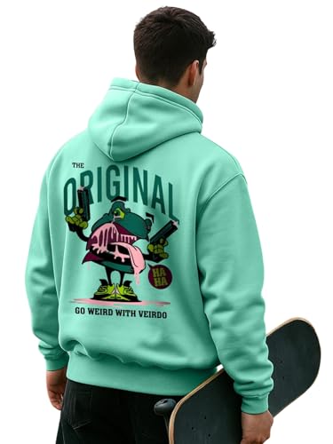 Image of Veirdo Cotton Fleece Regular Fit Hooded Sweatshirt Lastest Back Graphic Printed Winter Hoodies for Men (Available Colors: Marine Green, Marshmellow, Black, SOYA Bean, Orange & Blue)
