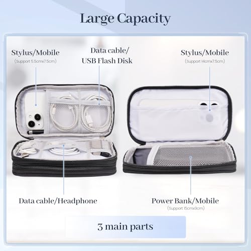 BLEUM CADE Electronics Organizer Travel Case Waterproof Shockproof Cable Organizer Bag with Double Layers for Phones, Chargers, Cords, Portable Durable Travel Accessory Black Medium
